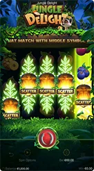 Jungle Delight · Pengecekan panel kontrol, saldo, dan nilai taruhan aktif di bilah bawah layar.