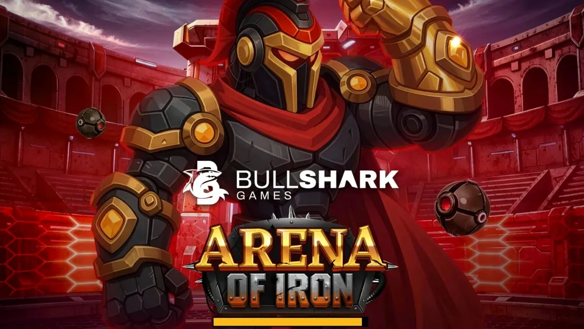 Tampilan visual futuristik dari slot Arena of Iron dengan latar belakang arena pertempuran robotik.