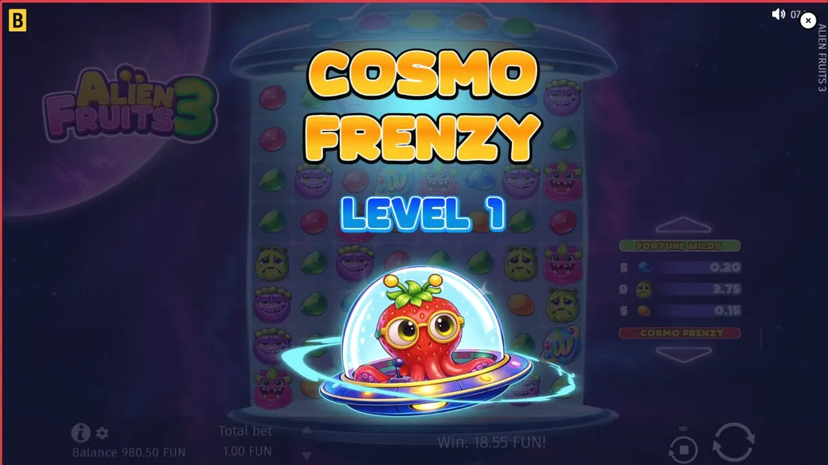 Tampilan visual slot Alien Fruits 3 dengan tema neon luar angkasa yang cerah.